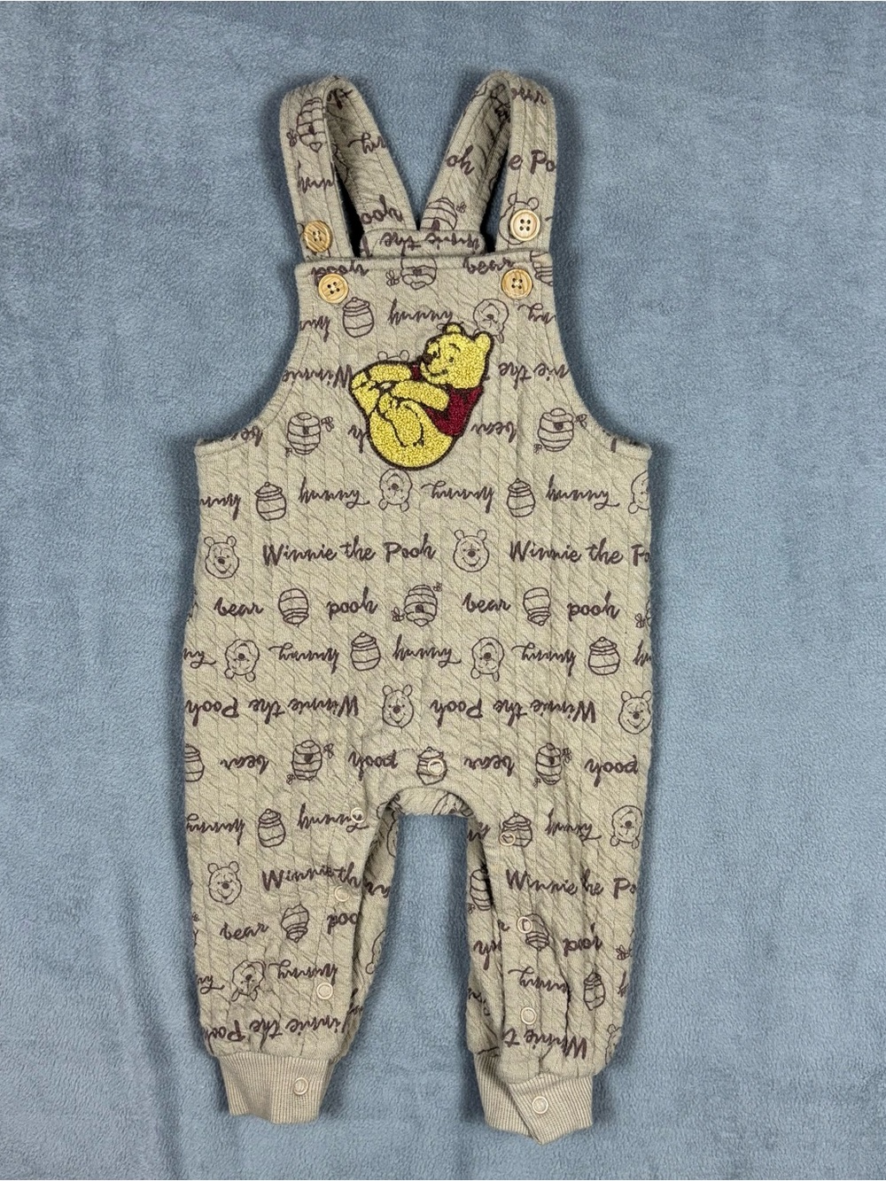 Disney Baby Winnie The Pooh Quilted Overalls Romper 3-6M Beige Excellent